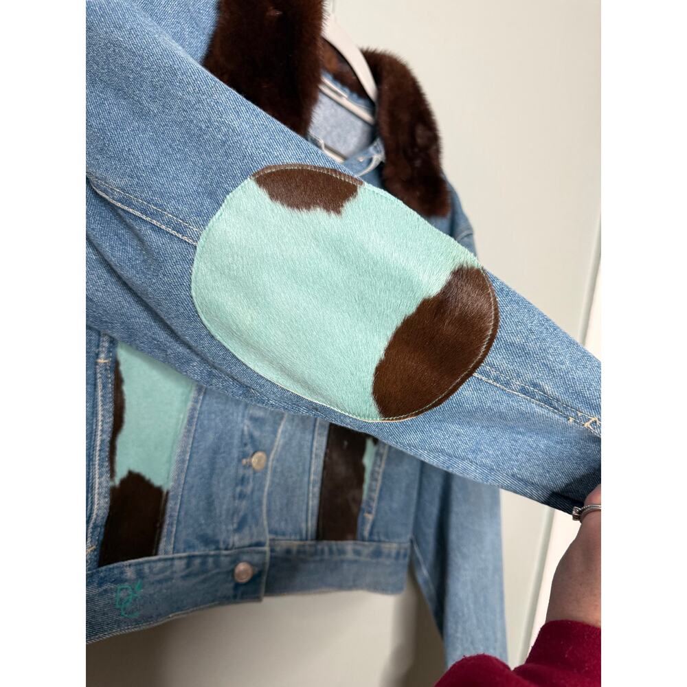 Jacket Happy by Debbie Clemens blue and brown cow hide denim‎ jacket fur lined - Picture 10 of 14
